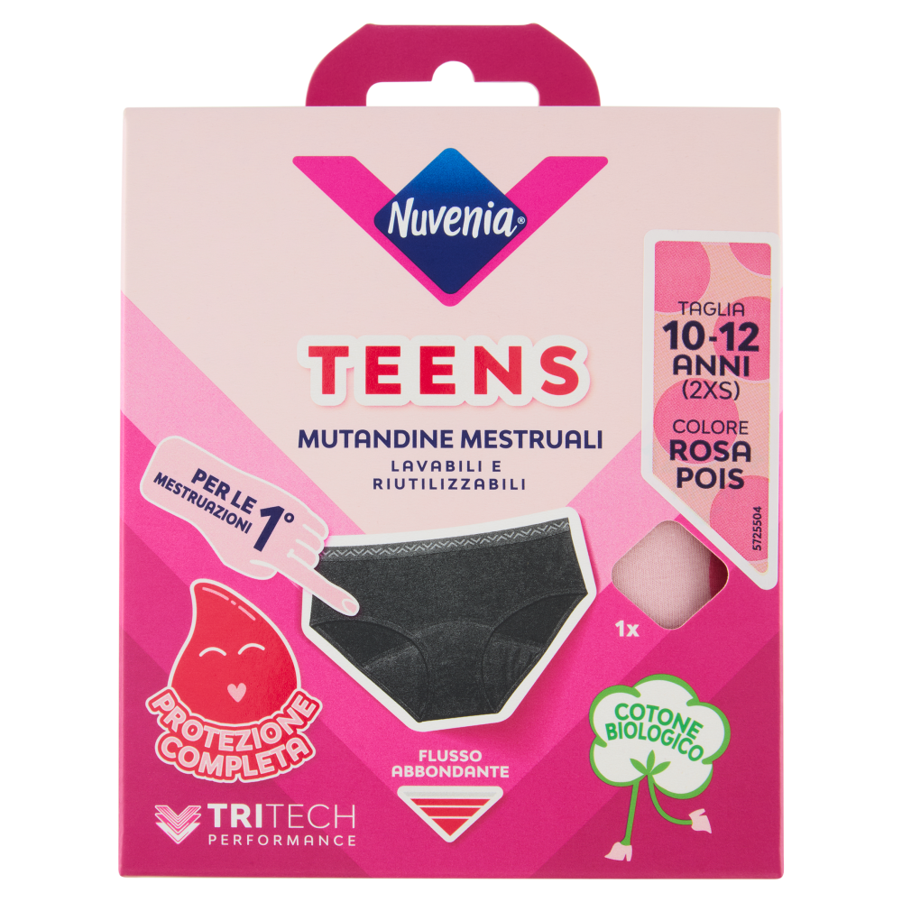 Nuvenia Teens Mutandine Mestruali Taglia 10-12 Anni (2XS) Colore Rosa Pois 1 pz