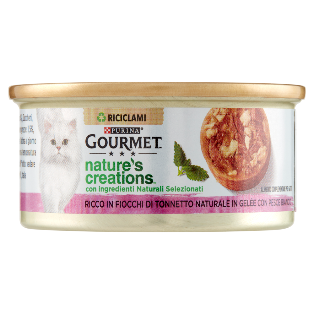PURINA GOURMET Nature's Creations Ricco in Fiocchi di Tonnetto Naturale in Gelée e Pesce Bianco  70g