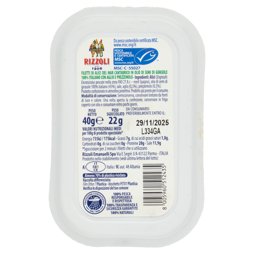 Rizzoli Filetti di Alici del Mar Cantabrico Olio 100% Italiano Prezzemolo 40 g