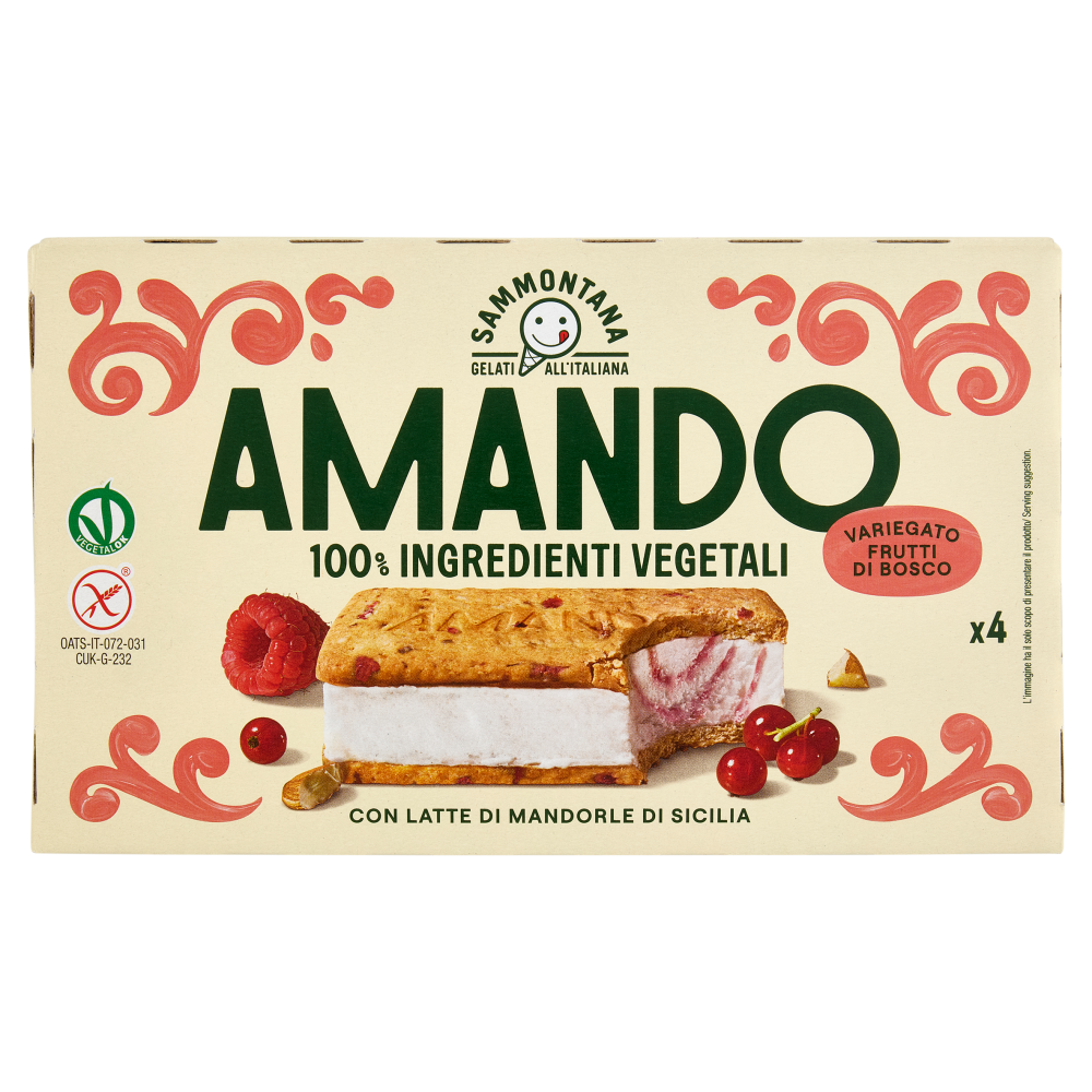 Sammontana Amando 4 Biscotti Gelato alla Vaniglia, Variegato ai Frutti di Bosco 4 x 52 g