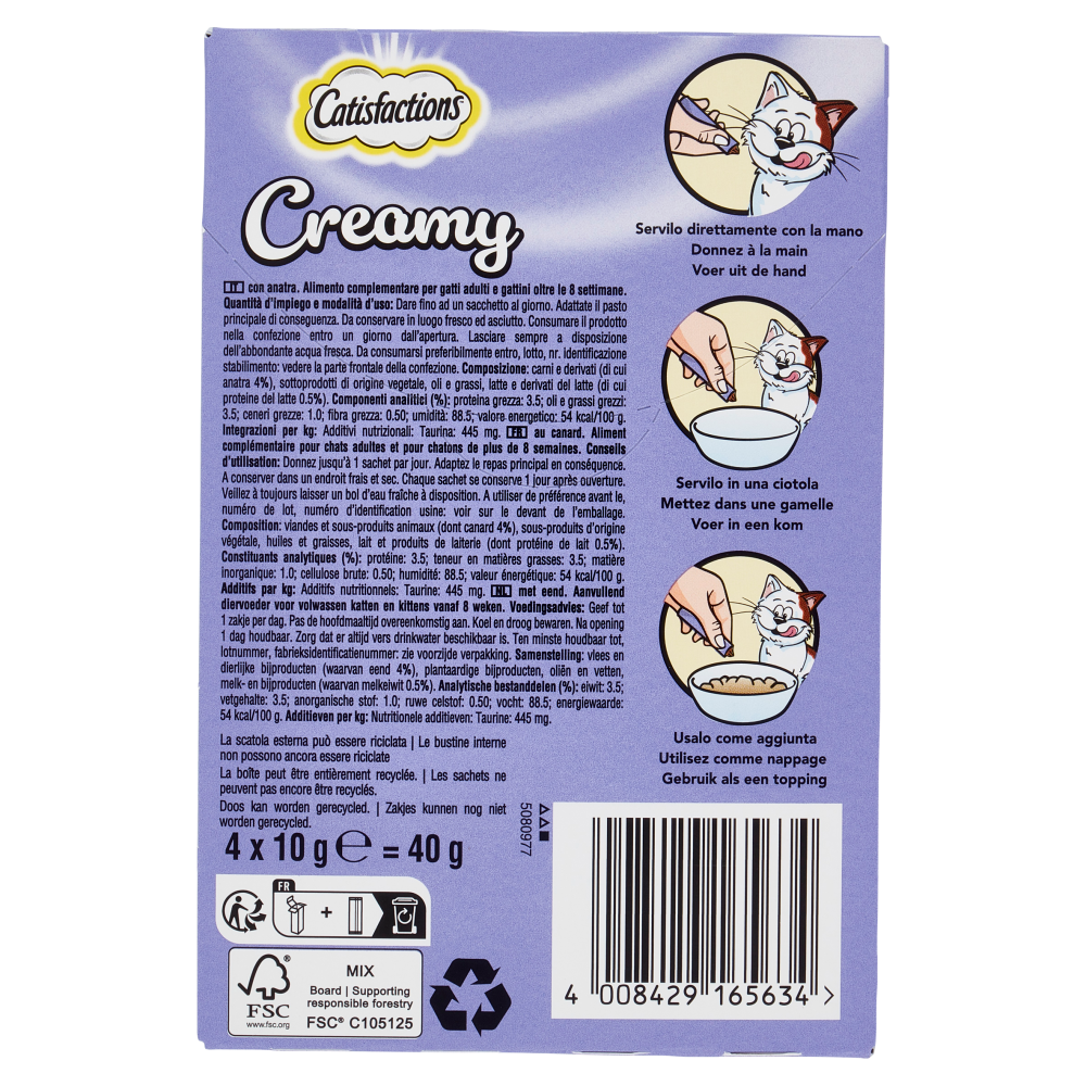 Catisfactions, Snack Cremoso Liquido per Gatto, con succulenta Anatra, 4 Confezioni da 10 g