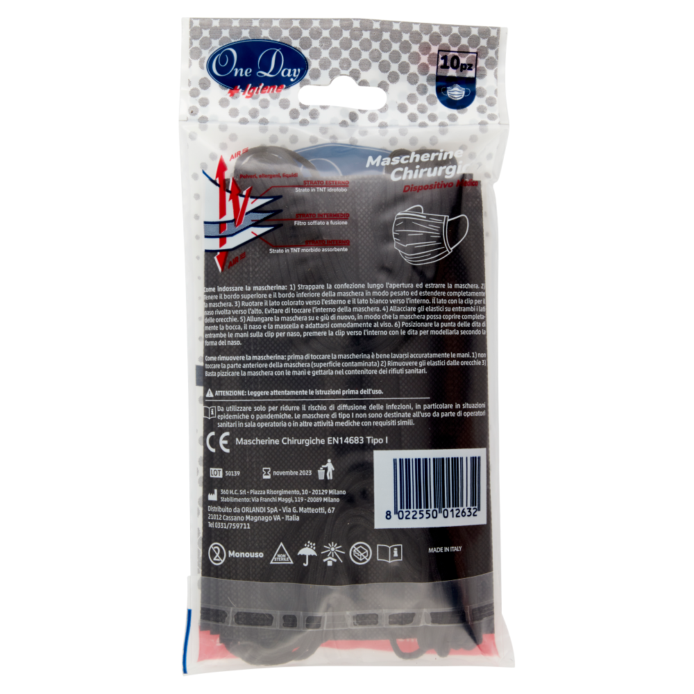 One Day + Igiene Mascherine Chirurgiche Dispositivo Medico Black 10 pz