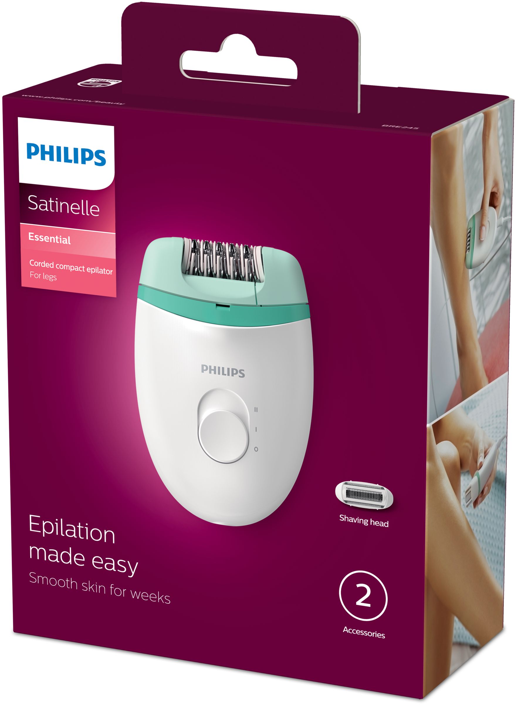 Philips Satinelle Essential Epilatore compatto, per gambe, con filo + 2 accessori