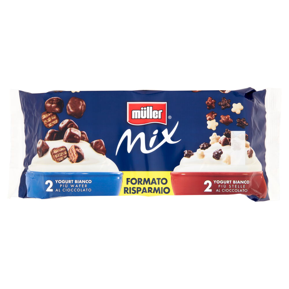 müller Mix 2 Yogurt Bianco Più Wafer al Cioccolato+2 Yogurt Bianco Più Stelle al Cioccolato 4x150g