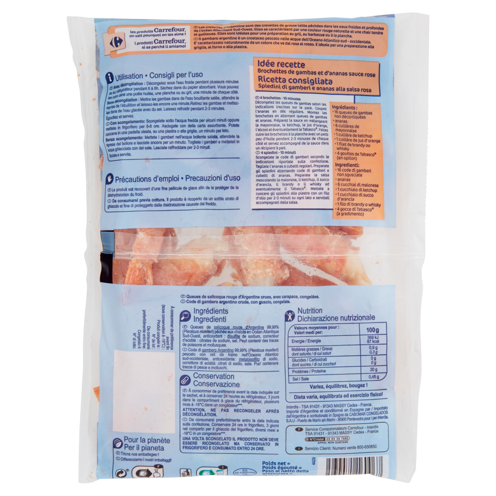 Carrefour Code di Gambero Argentino Crude non sgusciate Congelate 300 g
