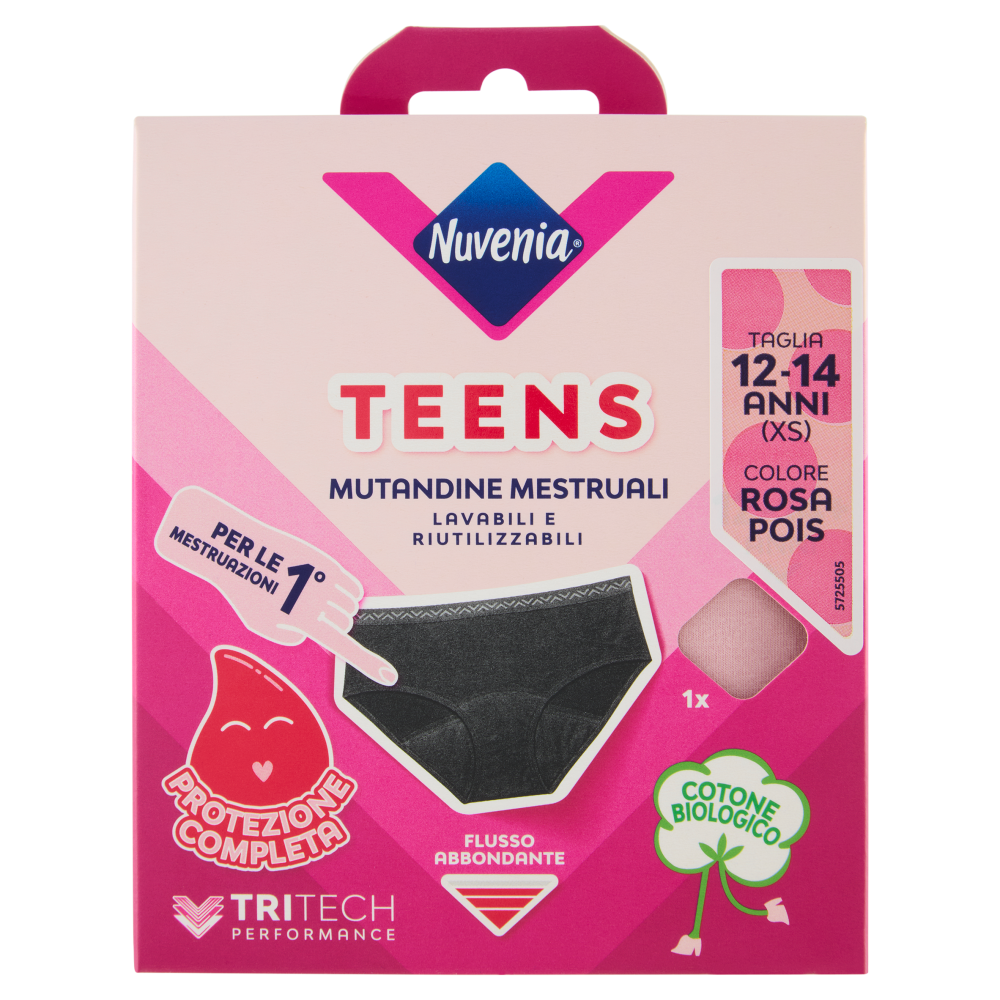 Nuvenia Teens Mutandine Mestruali Taglia 12-14 Anni (XS) Colore Rosa Pois 1 pz