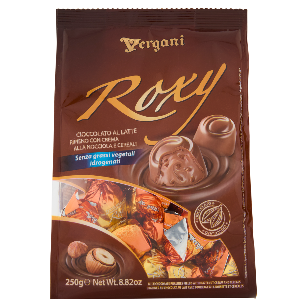 Vergani Roxy Cioccolato al Latte Ripieno con Crema alla Nocciola e Cereali 250 g