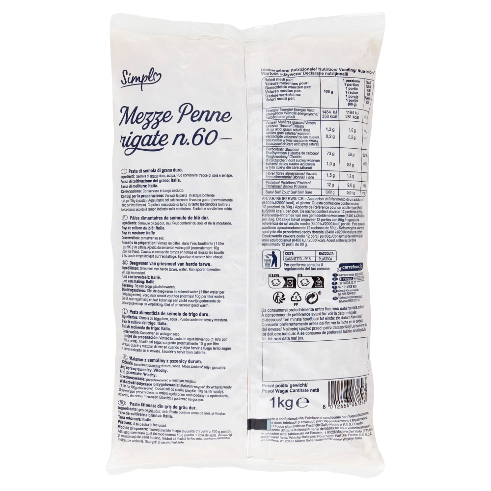 Simpl Mezze Penne rigate n.60 1 kg