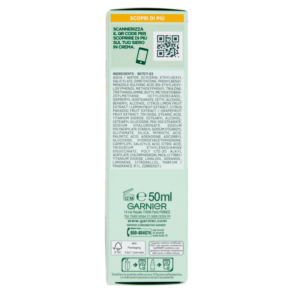 Garnier Siero in Crema Vitamina C, Illuminante e Idratante, Per Pelli Spente e Non Uniformi, 50ml