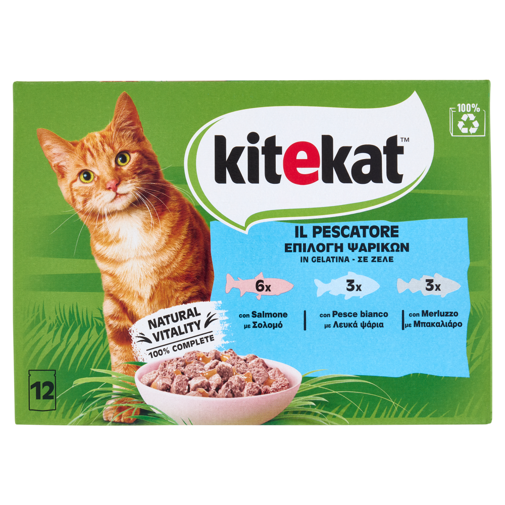 Kitekat Pescatore Cibo Umido Gatto in Gelatina con Salmone, con Pesce bianco, con Merluzzo 12 x 85 g
