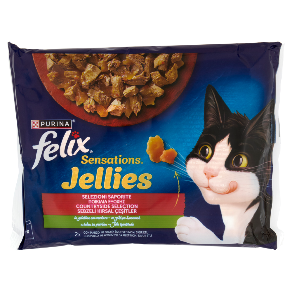 FELIX Sensations Jellies Selezioni Saporite in gelatina Manzo & Pomodoro, Pollo & Carote 4x85g