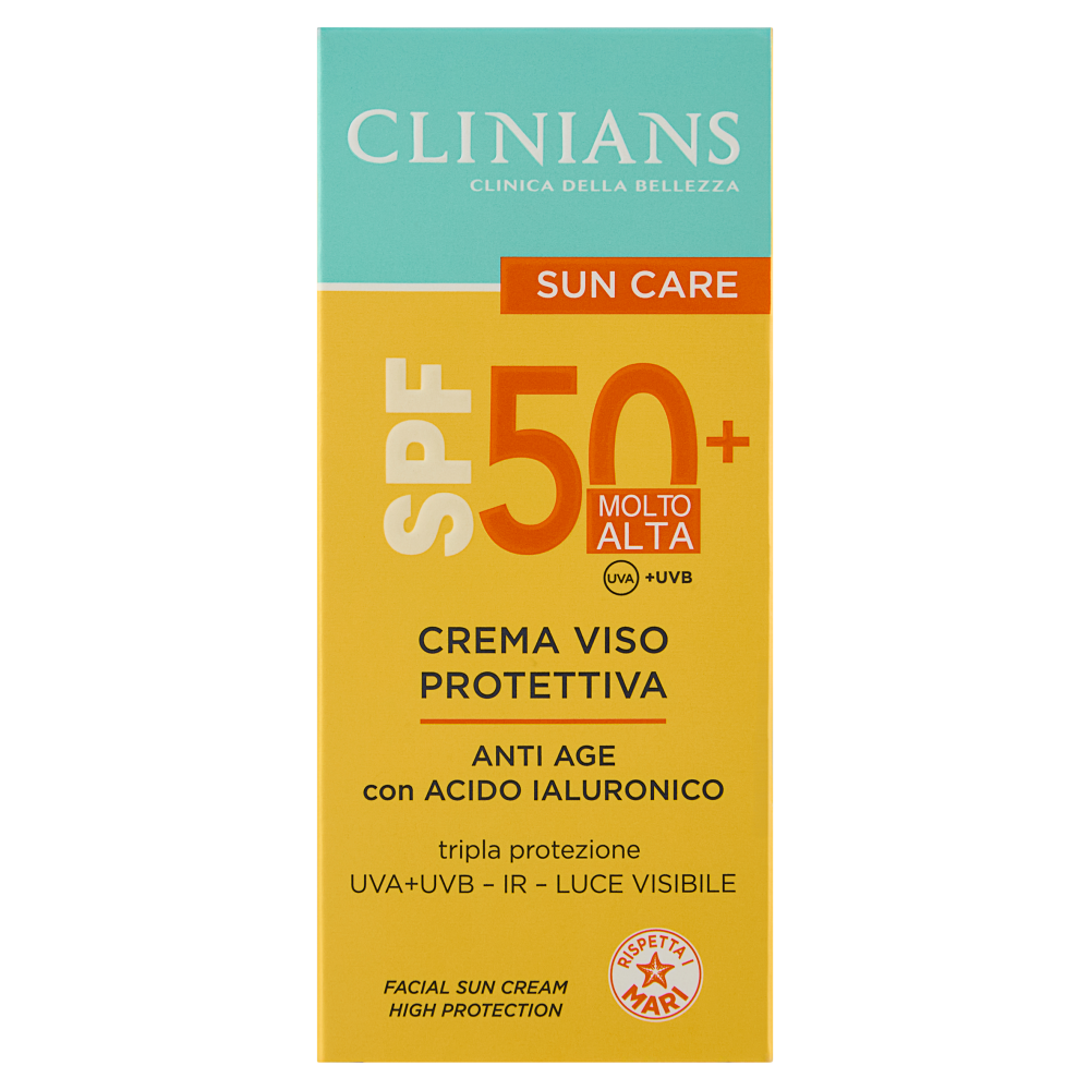 Clinians Sun Care Crema Viso Protettiva Anti Age con Acido Ialuronico SPF 50 Molto Alta 50 mL