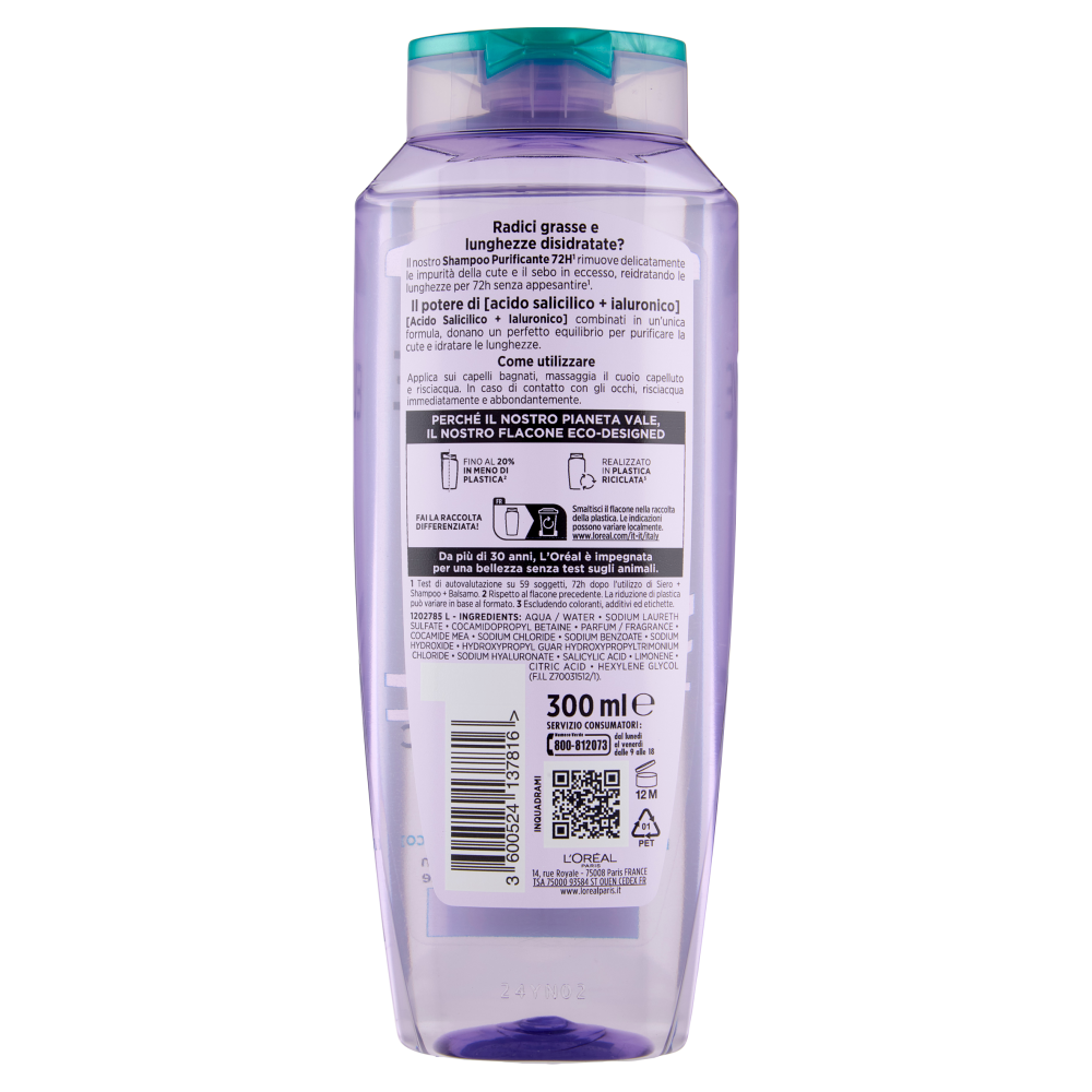 Elvive Hyaluronic Pure 72H Shampoo Purificante, per Cute e Radici Grasse, 300 ml