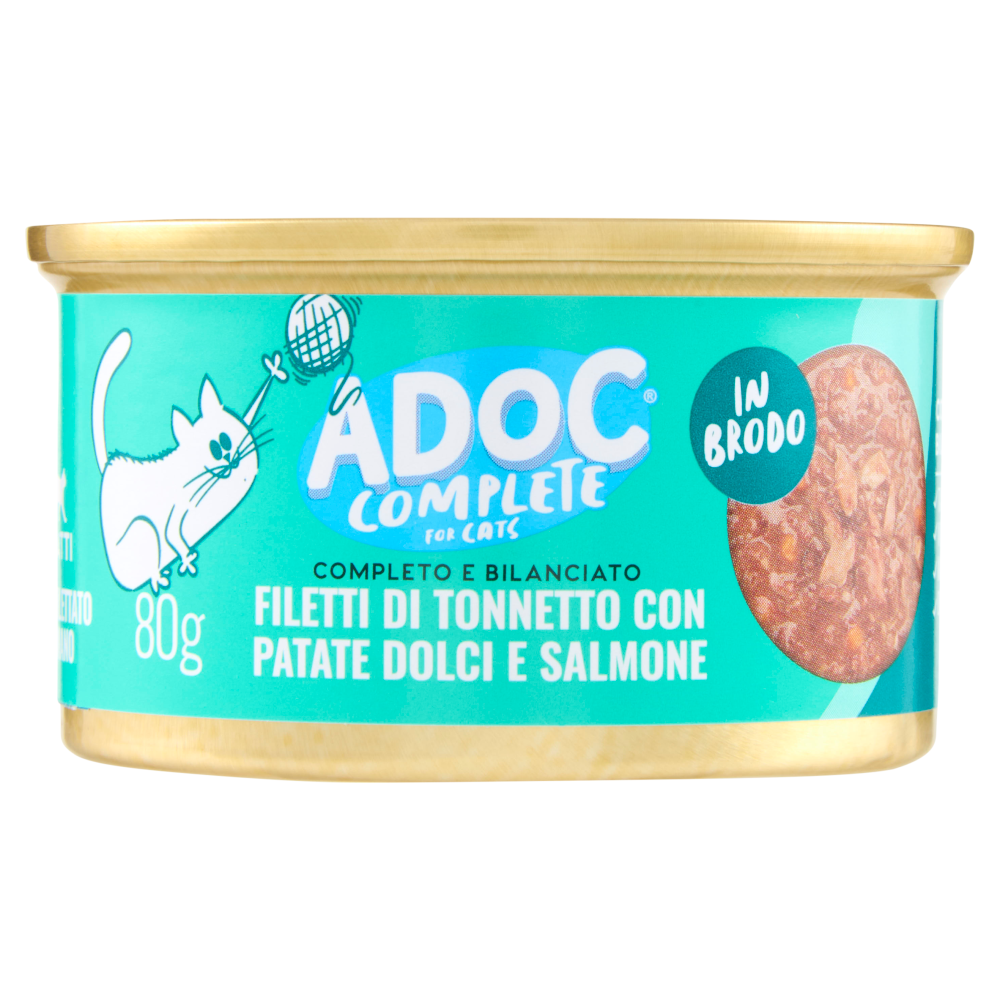 ADoC Complete For Cats Filetti di Tonnetto con Patate Dolci e Salmone in Brodo 80 g