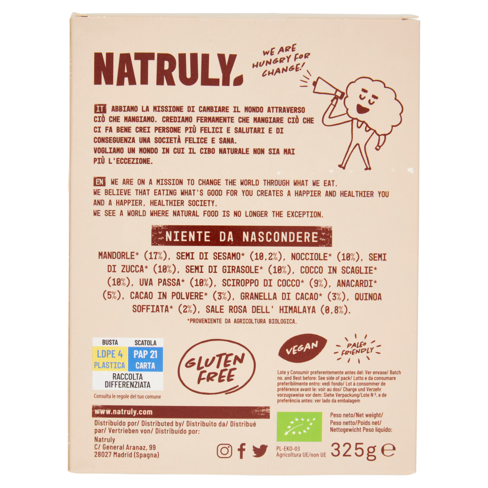 Natruly Granola: Cacao + Quinoa Senza Cereali Biologica 325 g
