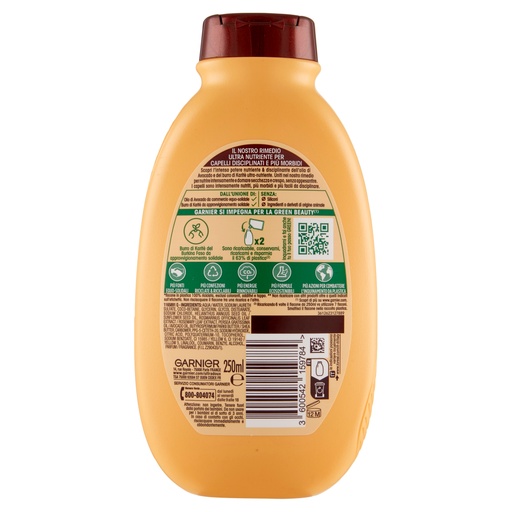 Garnier Ultra Dolce Shampoo all'olio di Avocado e burro di Karité per capelli ricci o mossi, 250 ml