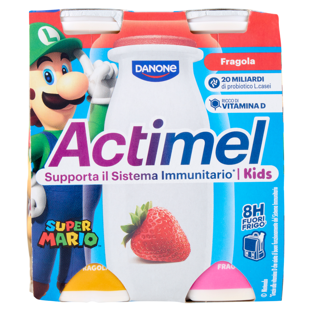 ACTIMEL SuperMario, Yogurt da Bere con Vit B6 e D per il Sistema Immunitario, gusto fragola, 4X100G