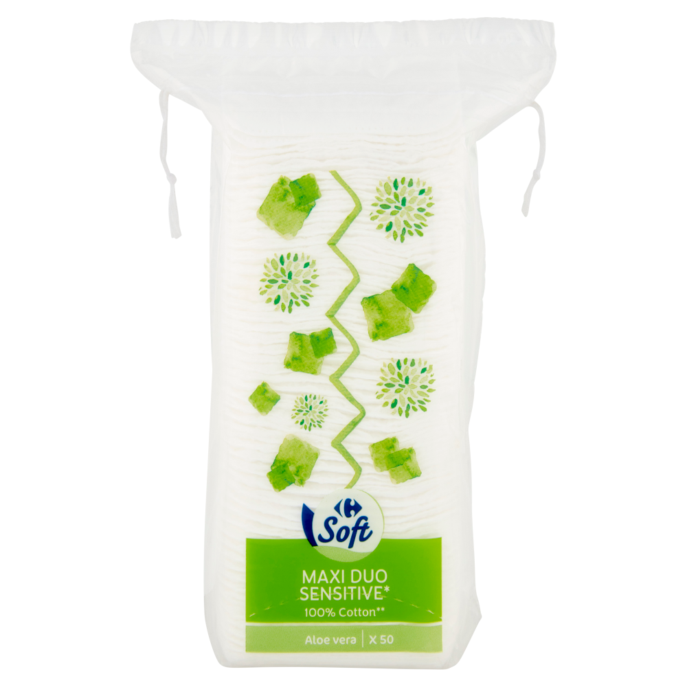 Carrefour Soft Maxi Duo Sensitive* 100% Cotton** Aloe vera 50 pz