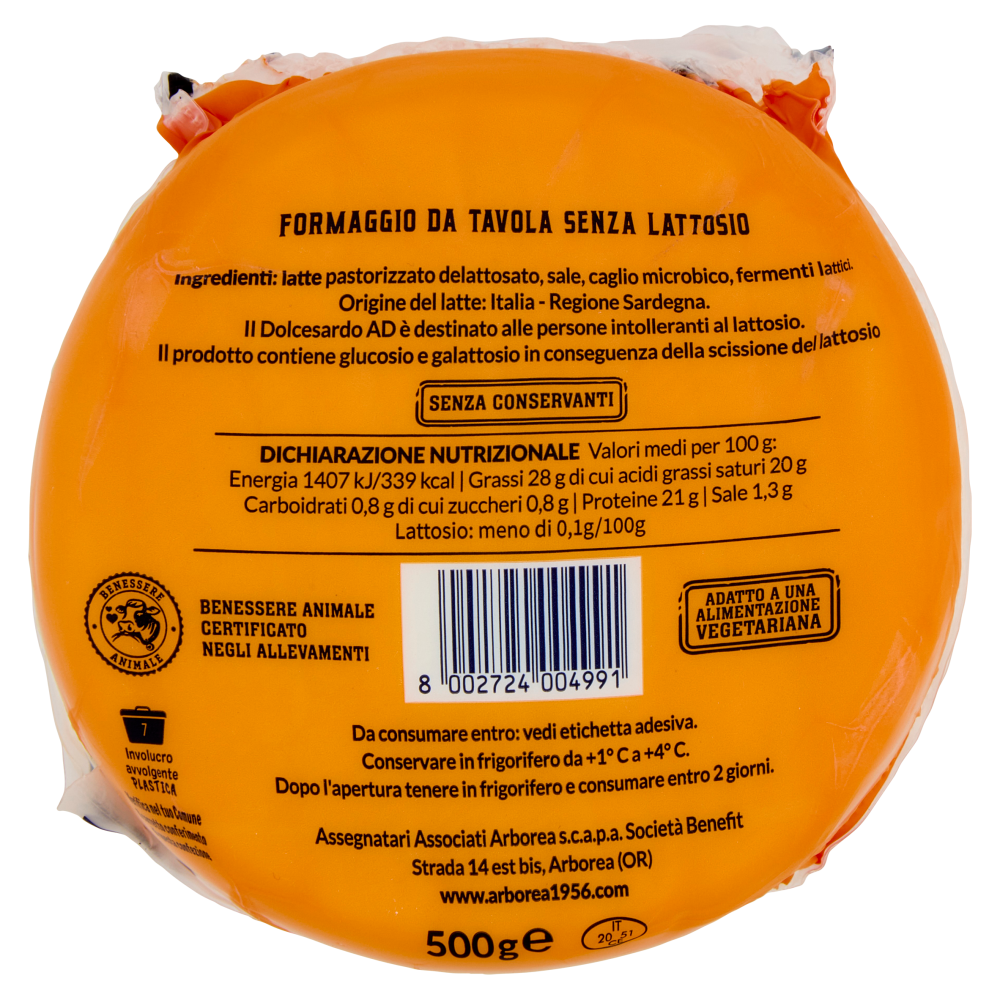 Arborea Ad Dolcesardo Formaggio da Tavola Senza Lattosio 500 g