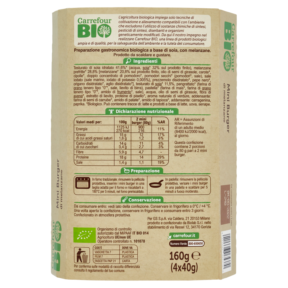Carrefour Bio Mini Burger di melanzane 4 x 40 g