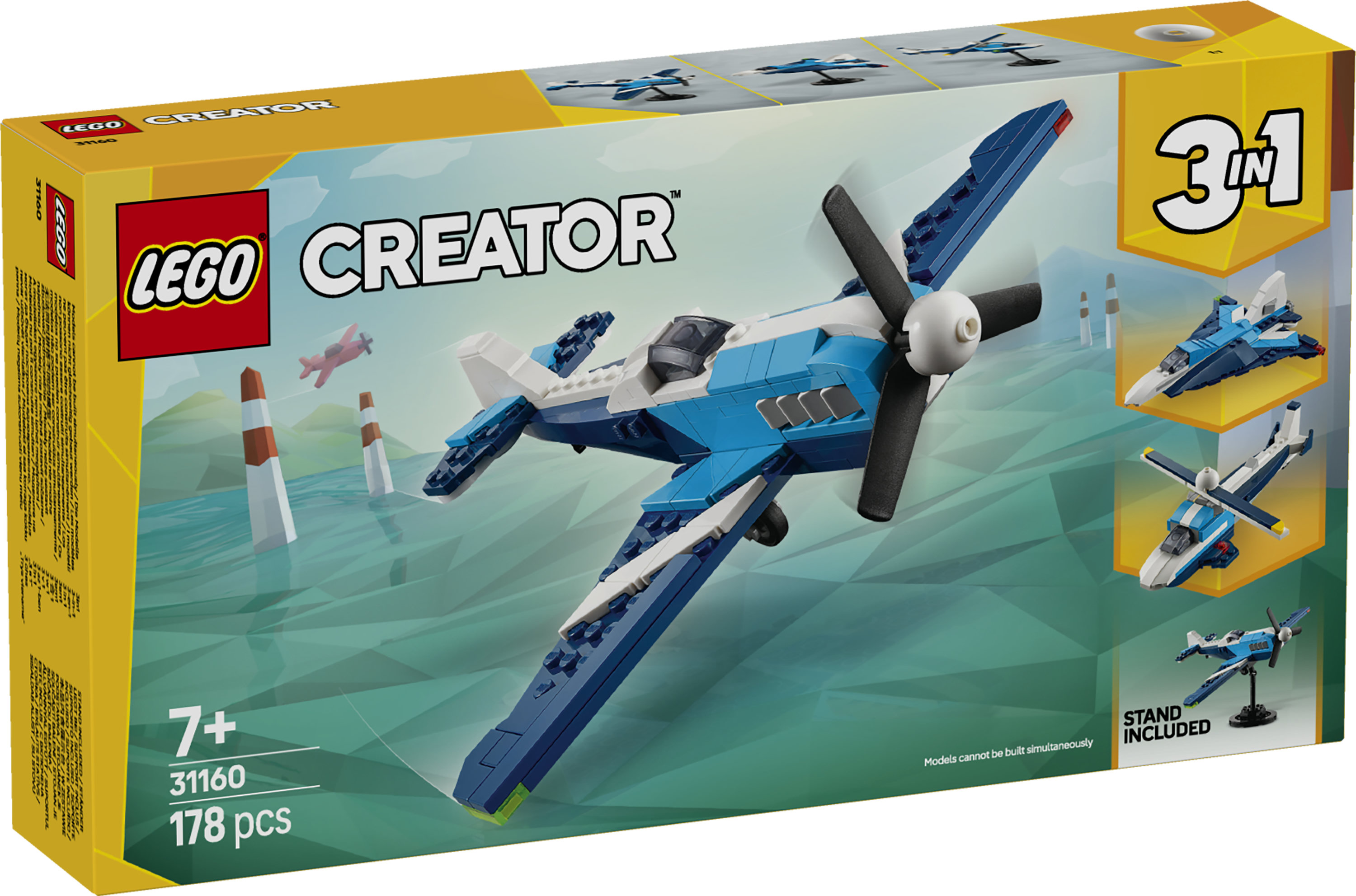 LEGO Creator 3 in 1 31160 Velivolo: Aereo da Competizione, Aeroplano Giocattolo Trasformabile in Elicottero e Jet, Bambini 7+
