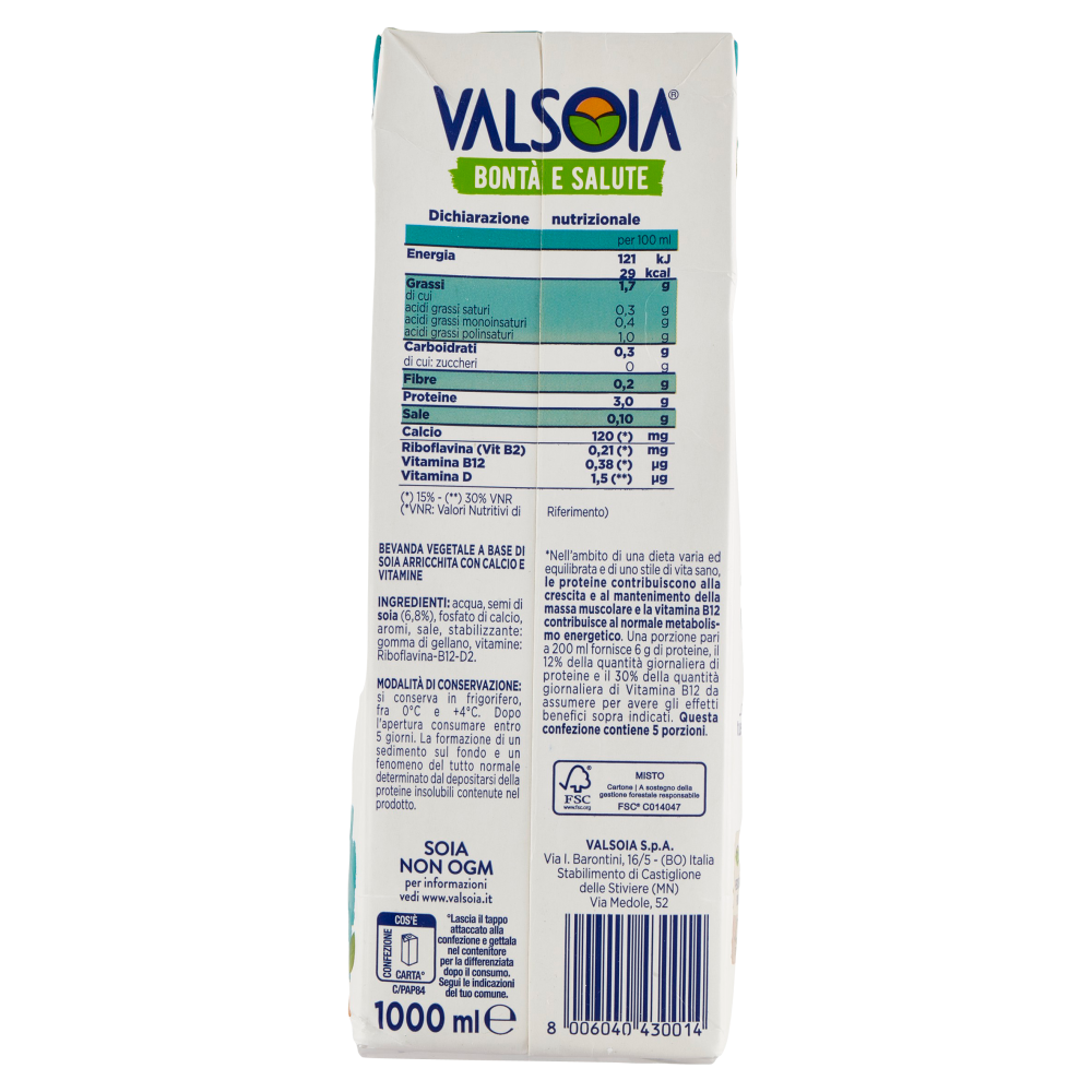 Valsoia Bontà e Salute Soia Drink Zero Zuccheri Frigo 1000 ml