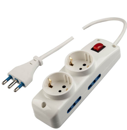 Poly Pool Presa multipla con 4 uscite bivalenti 10/16A 2P+T, 2 uscite 10-16A 2P+T (st. Italiano10/16A e tedesco 16A con terra laterale) e con interruttore luminoso, 1,5m cavo H05VV-F 3X1mmq con spina 16A 2P+T, CSV-IMQ, CE