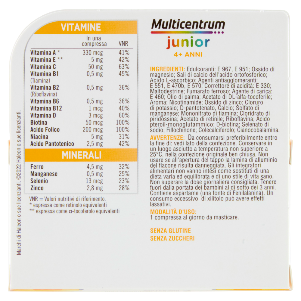 Multicentrum junior integratore multivitaminico per bambini 4 + con vitamina B , C , D 30 cpr 56 g