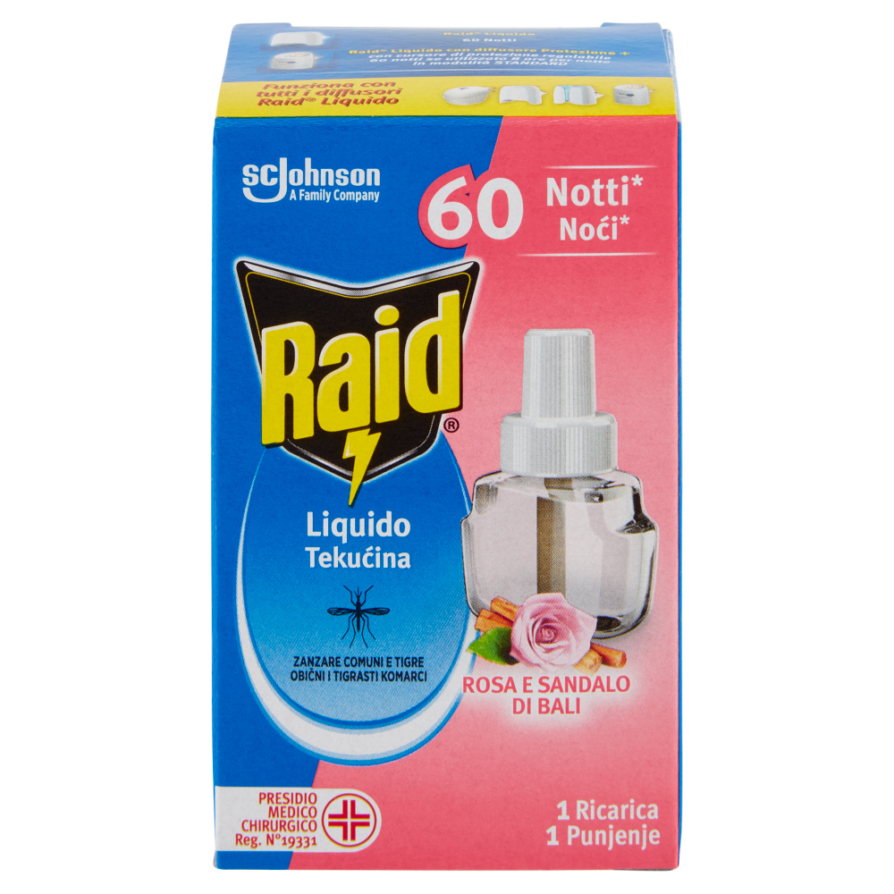 Raid Liquido Elettrico Ricarica,  60 Notti, Rosa e sandalo di bali, 36ml