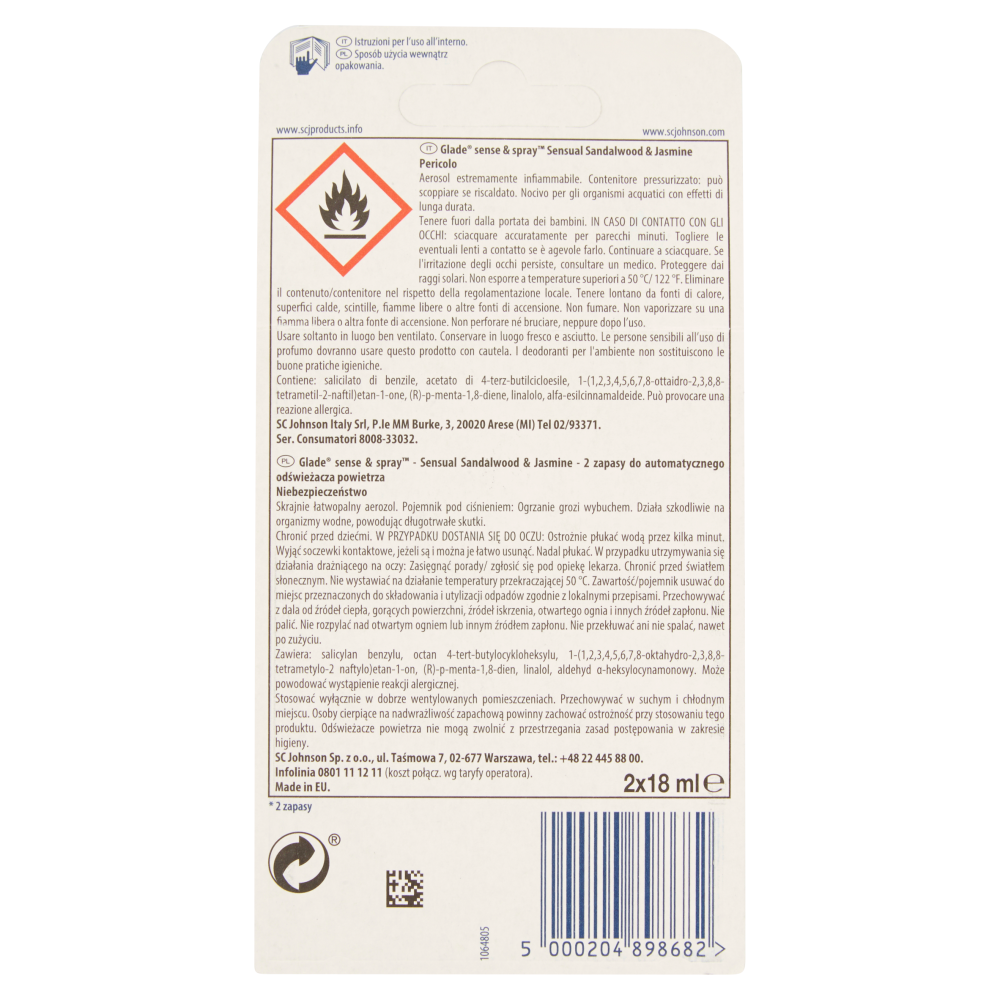 glade sense & spray 2 Ricariche Sensual Sandalwood & Jasmine 2 x 18 ml