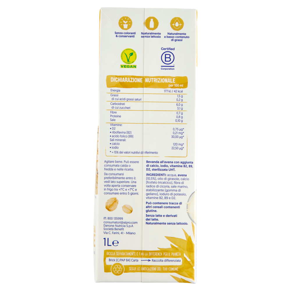 ALPRO Classico Bevanda Vegetale all'Avena, Senza Lattosio, Povero di Grassi, 1l