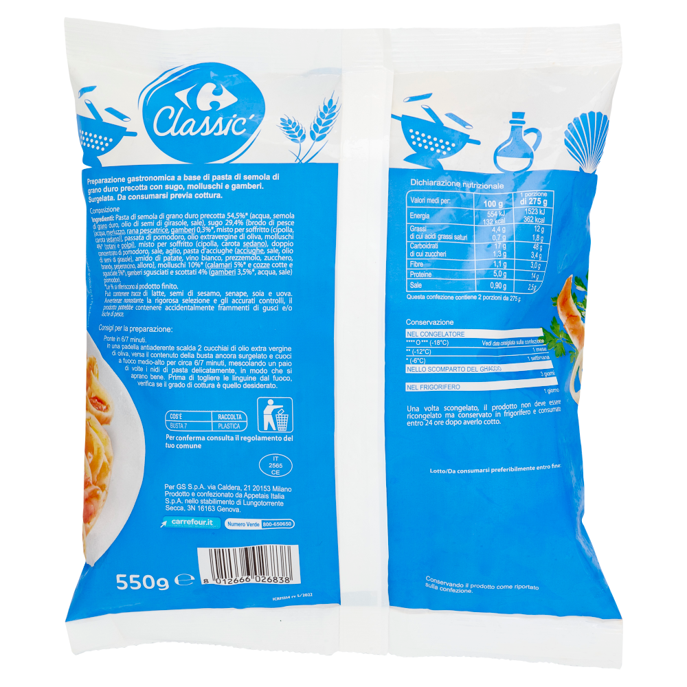 Carrefour Classic Linguine allo Scoglio con Calamari, Cozze e Gamberi Surgelate 550 g