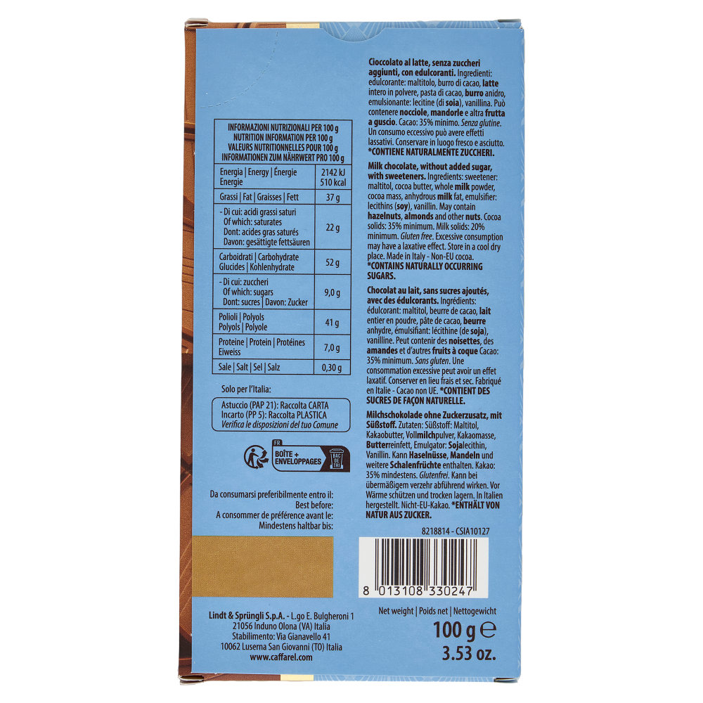 Caffarel Tavoletta Cioccolato al latte senza zucchero 100 g