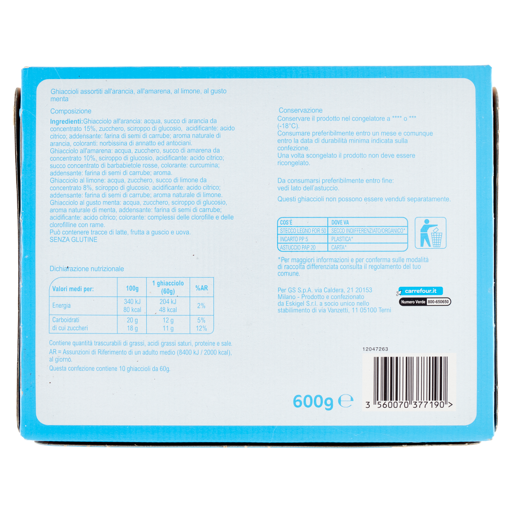 Carrefour Classic Ghiaccioli Assortiti Arancia Amarena Limone Gusto Menta 10 x 60 g