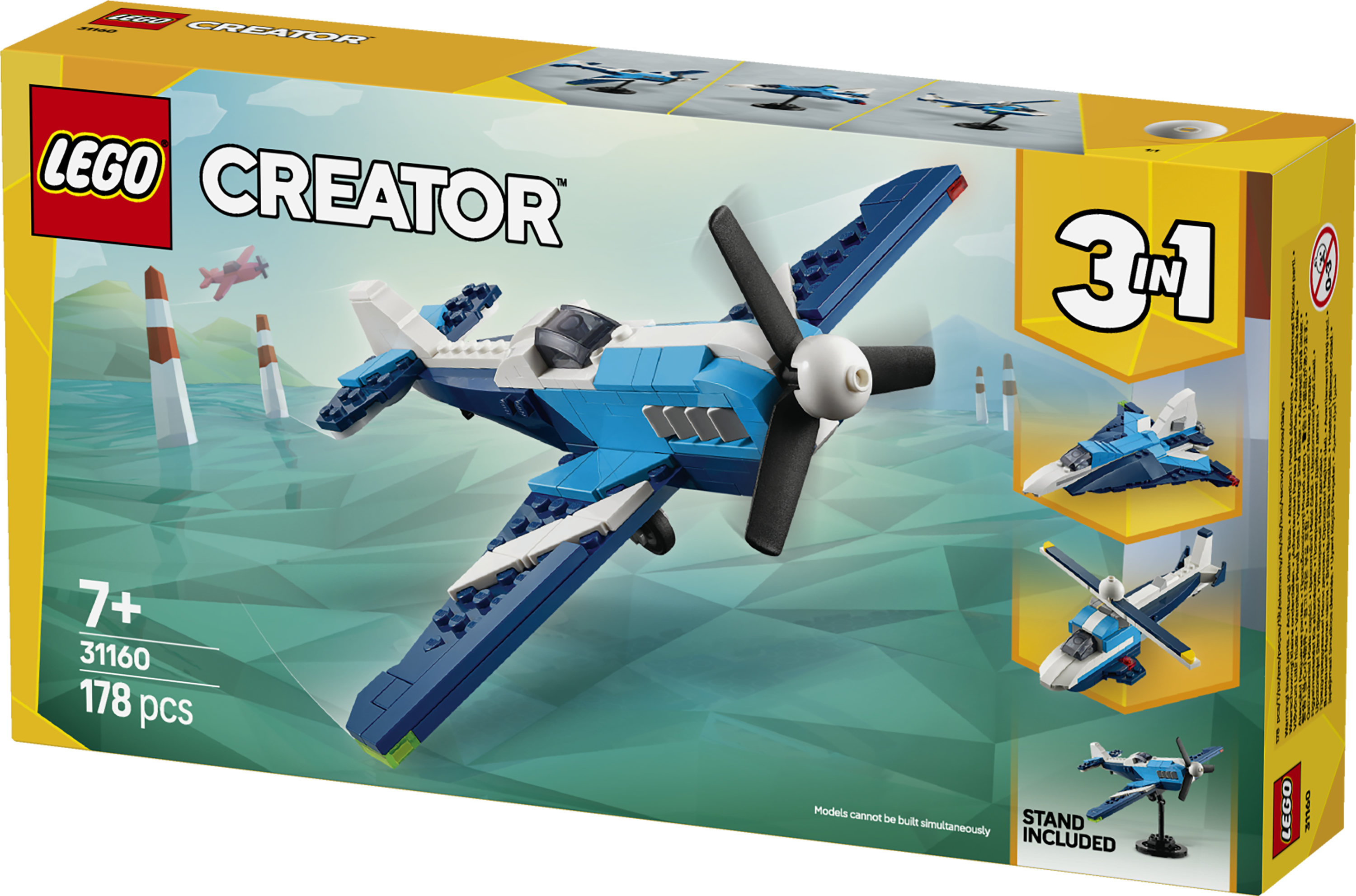 LEGO Creator 3 in 1 31160 Velivolo: Aereo da Competizione, Aeroplano Giocattolo Trasformabile in Elicottero e Jet, Bambini 7+