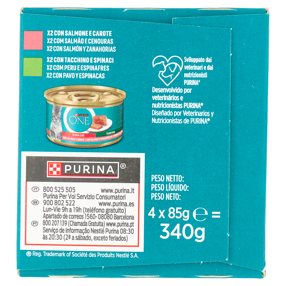 PURINA ONE Sterilcat Terrine Salmone e Carote, Tacchino e Spinaci 4 x 85g