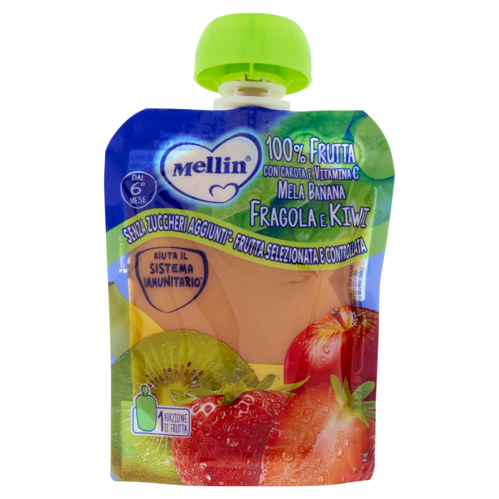 MELLIN Merenda di Frutta 100% con Carota e Vitamina C, Fragola e Kiwi, dal 6° mese, Pouch 90 g