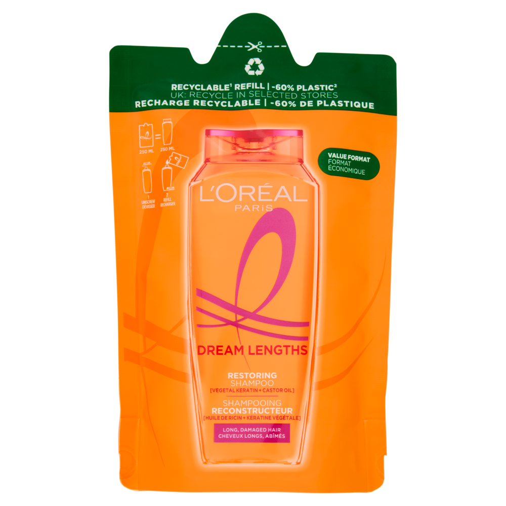 L'Oréal Paris Dream Lengths Eco-Ricarica Shampoo per Capelli Lunghi e Lisci 250 ml