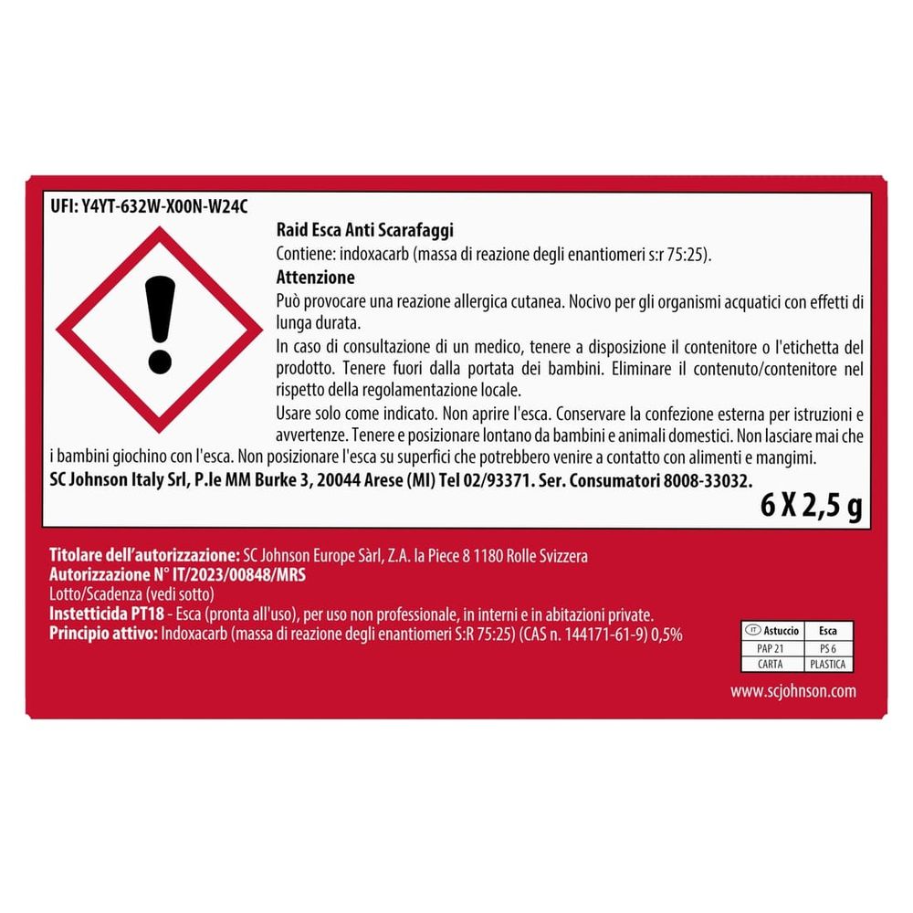 Raid Esca Scarafaggi Insetticida Inodore, Efficace fino a 3 Mesi, Area di Utilizzo Interno ed Esterno - 1 Confezione da 6 Pezzi