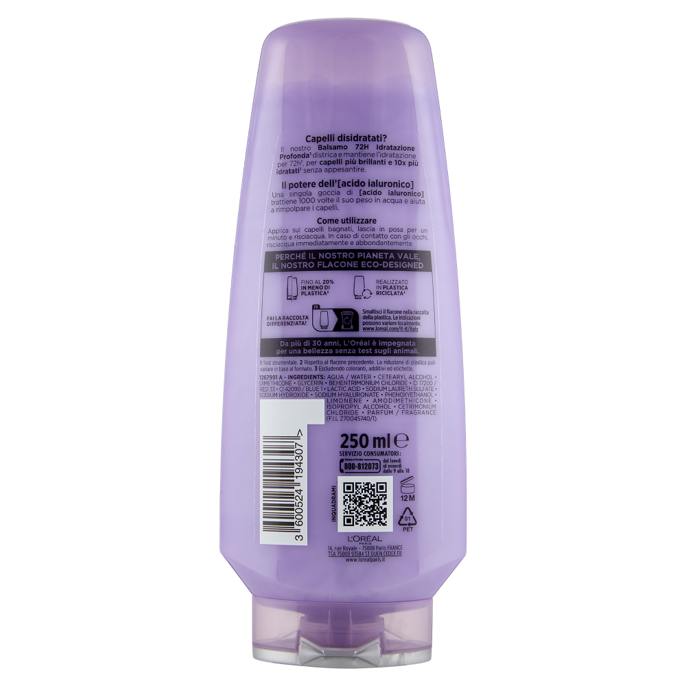 Elvive Hydra Hyaluronic Balsamo 72H Idratazione Profonda, per Capelli Disidratati, 250 ml