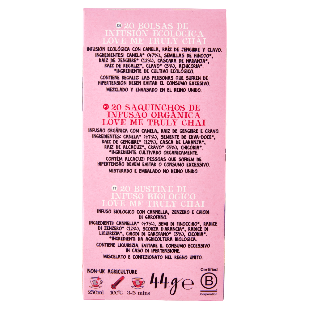 CUPPER Love Me Truly Chai Infuso Biologico con Cannella, Zenzero e Cardamomo, 20 Bustine 44 g