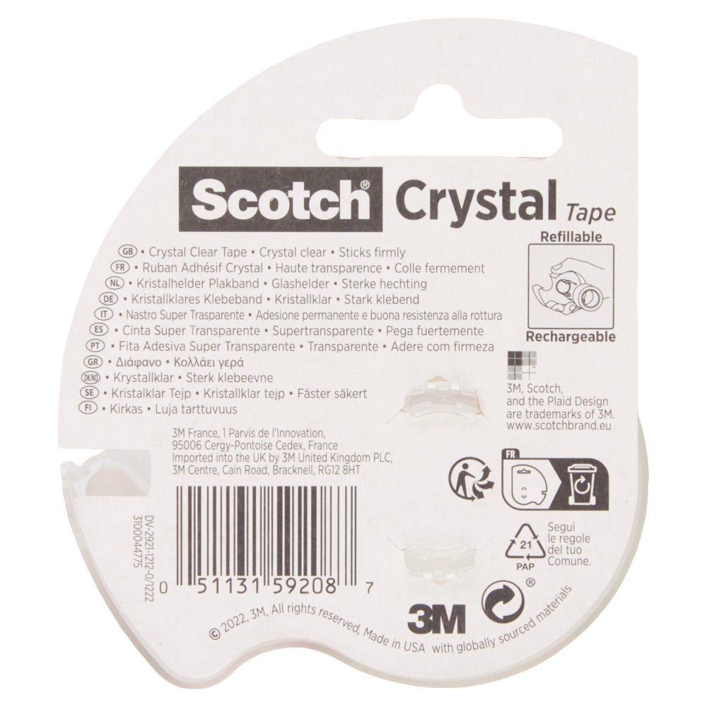 Scotch&reg; Nastro trasparente, 19 mm x 7,5 m, 1 rotolo su dispenser/confezione 