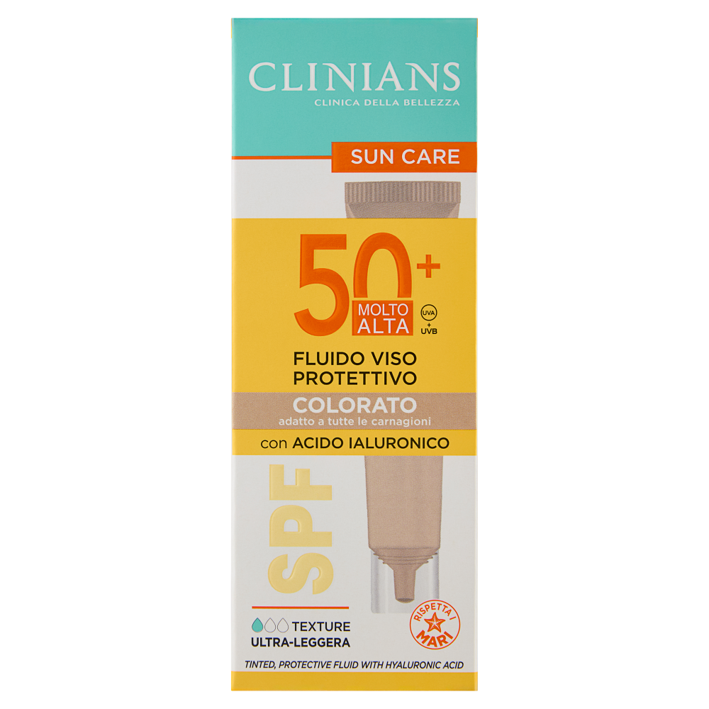 Clinians Sun Care Fluido Viso Protettivo Colorato con Acido Ialuronico SPF 50+ Molto Alta 40 mL
