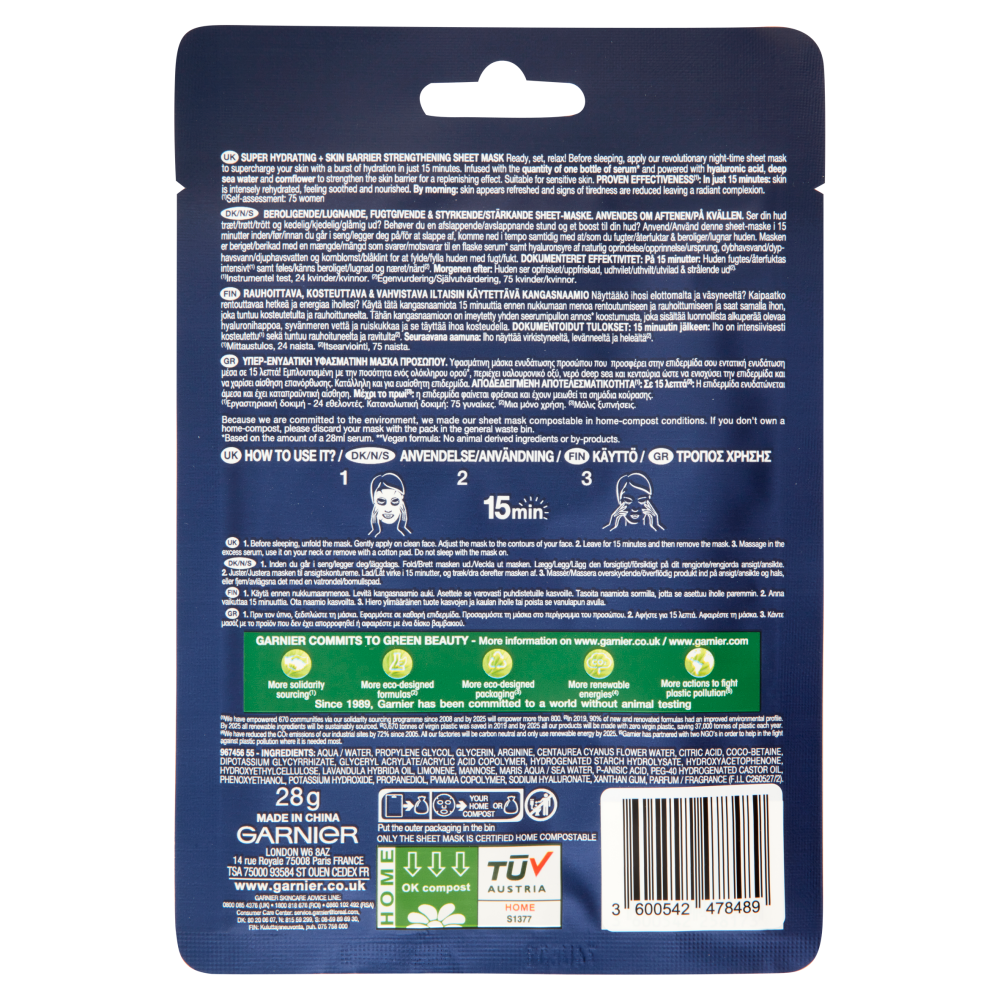 Garnier Maschera in Tessuto Skin Active Hydra Bomb Notte, Formula Super Idratante e Rigenerante 28 g