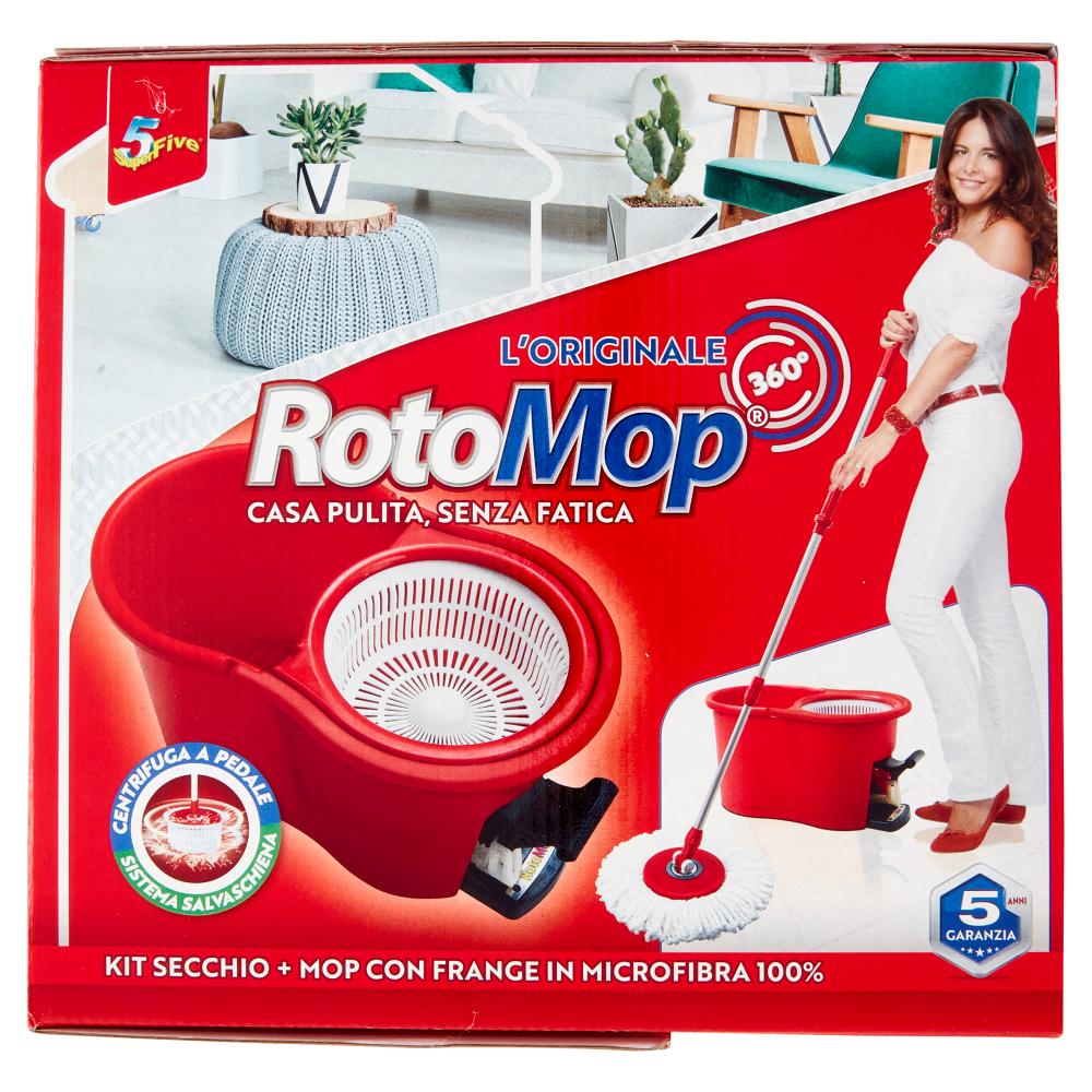 Super5 RotoMop 360° Kit Secchio + Mop con Frange in Microfibra 100%