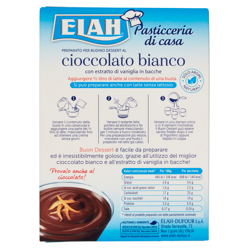 Elah Buon Dessert Preparato per Budino Dessert al cioccolato bianco 80 g