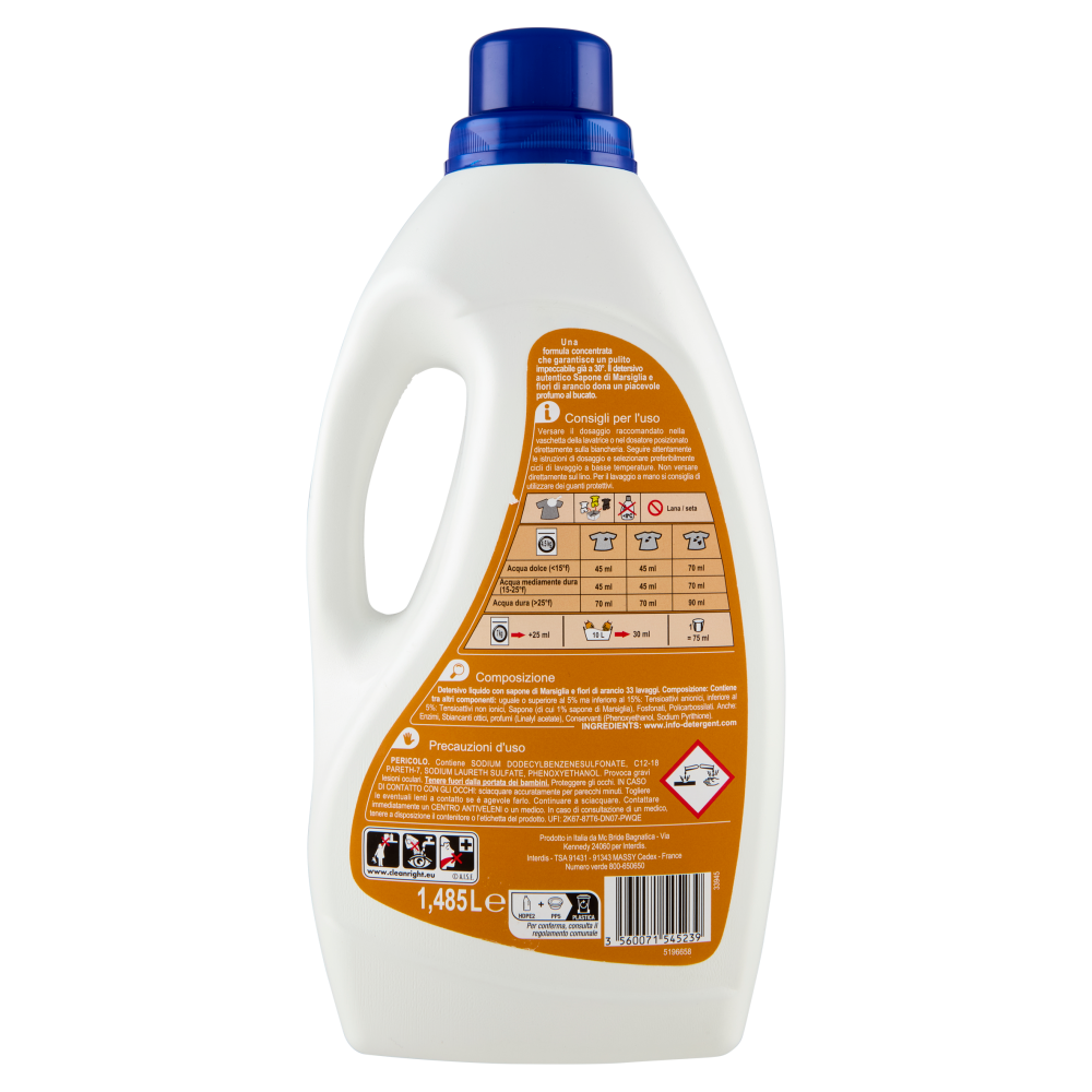 Carrefour Essential Detersivo con Sapone di Marsiglia e Fiori di Arancio 33 Lavaggi 1,485 L