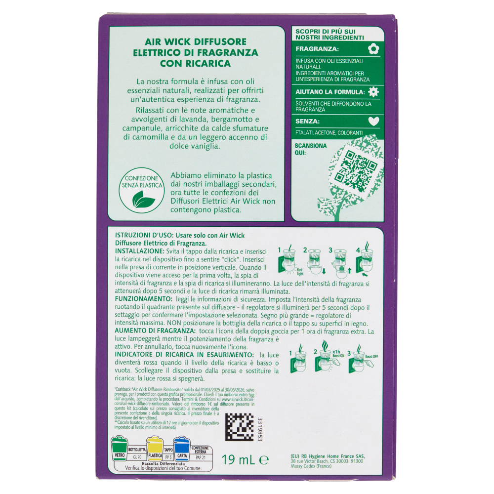 Air Wick Diffusore di Fragranza con oli essenziali Lavanda e Campanule 19 mL