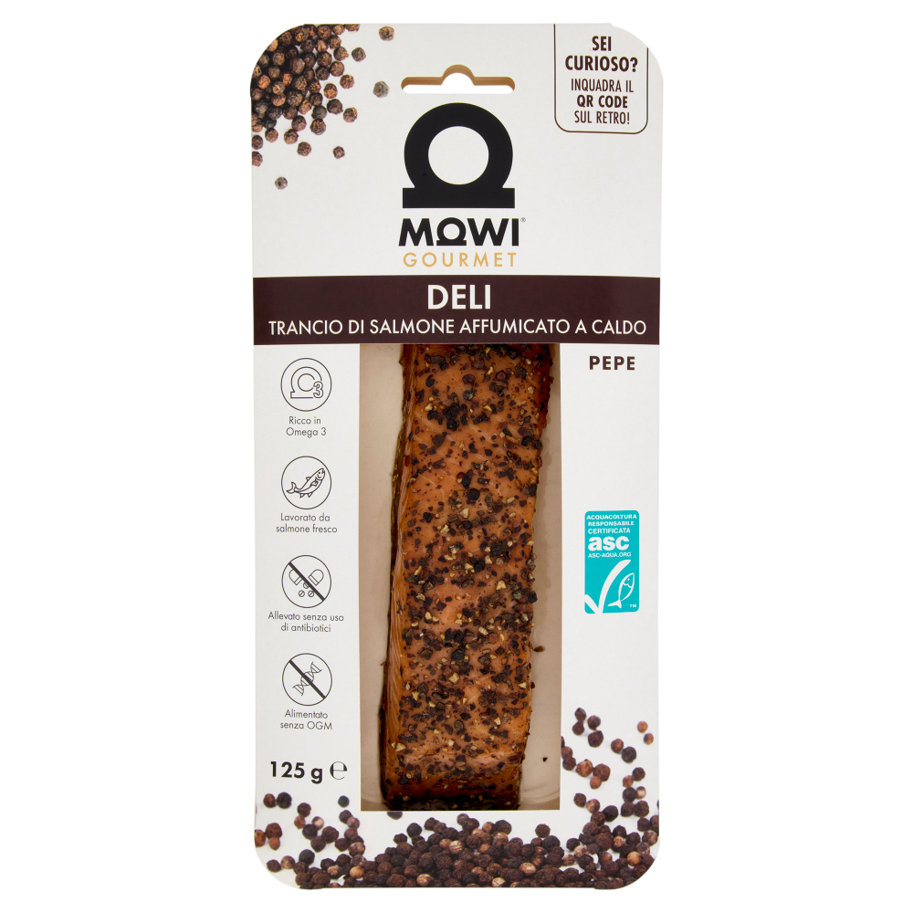 Mowi Gourmet Deli Trancio di Salmone Affumicato a Caldo Pepe 125 g