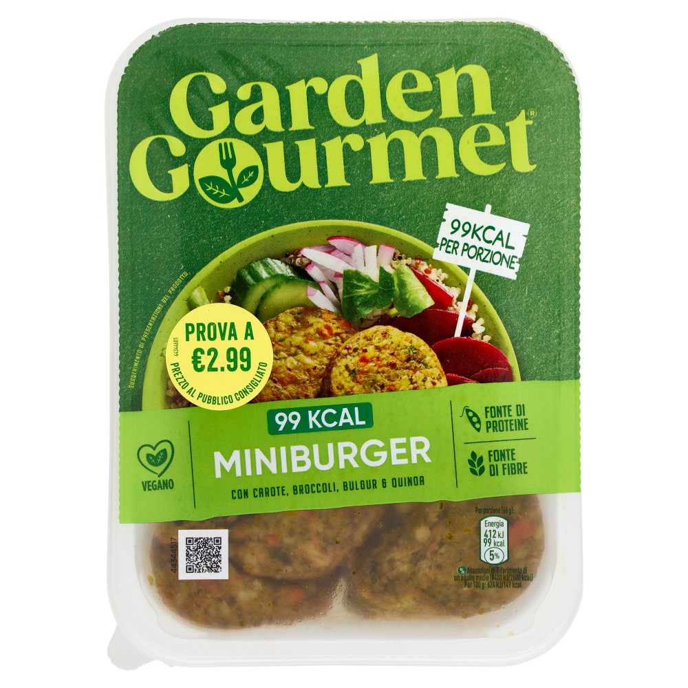 GARDEN GOURMET Mini Burger Vegano 99kcal con Carote, Broccoli, Bulgur e Quinoa 3 porzioni 198g